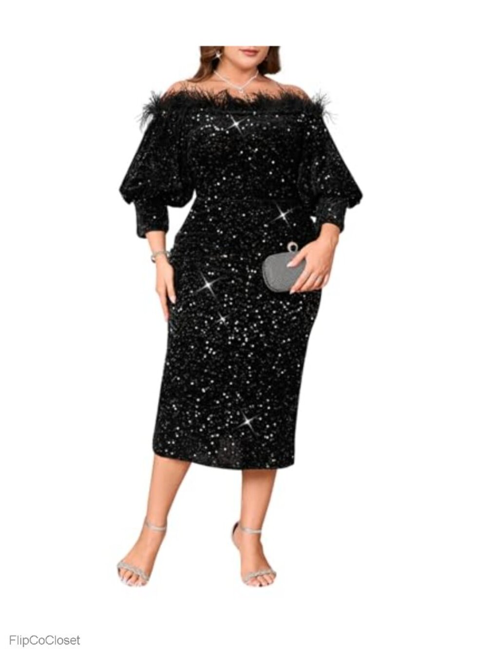 Sequin Off Shoulder Puff 3/4 Sleeve Bodycon Midi Cocktail Party Dress